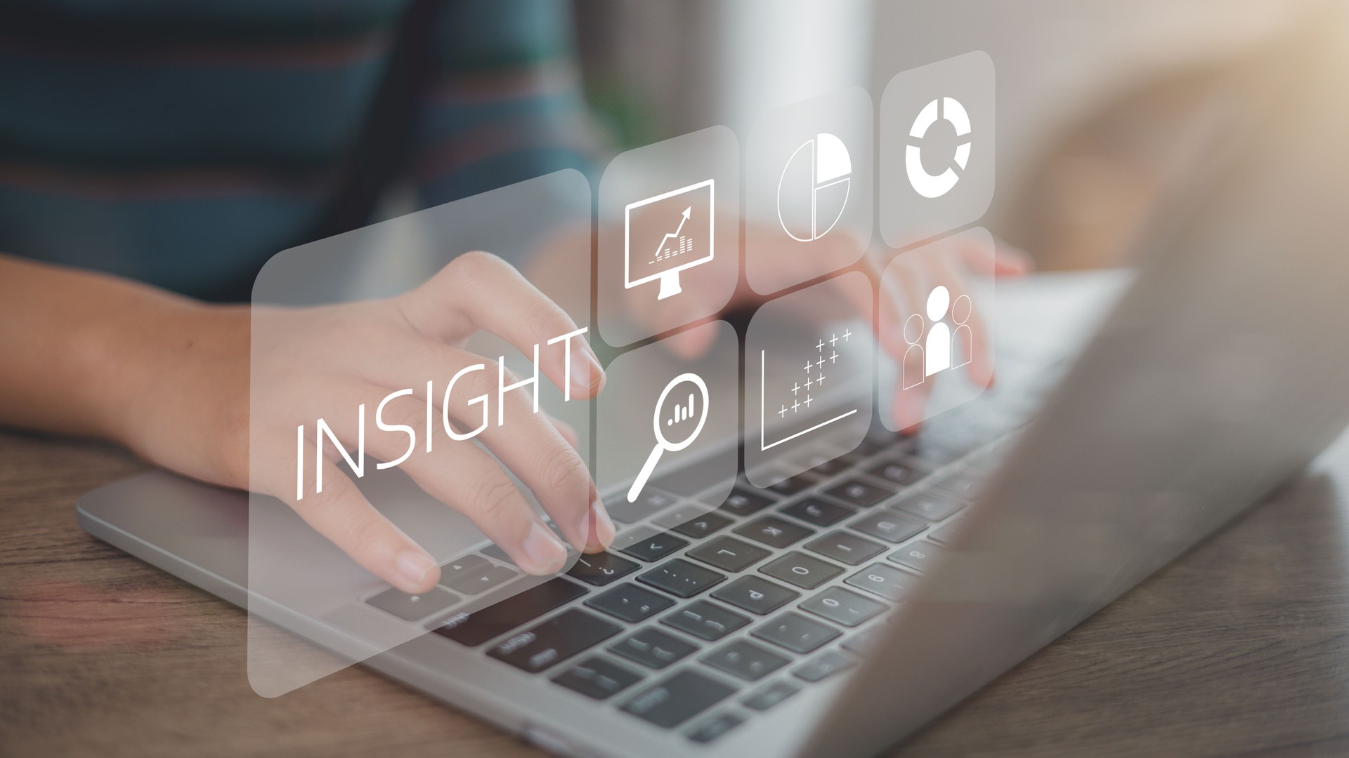 Women use a laptop with insight icons on a virtual screen. Using customer insight to build strong customer relationships and increase customer loyalty. Customer insight marketing concept.